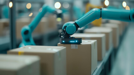 Automated packaging robots sorting and boxing products in a warehouse, automated packaging, smart warehouse production