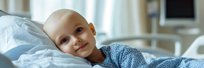 Smiling sick child in hospital. Childhood Cancer Day. Hairless smiling boy after chemotherapy in bed in clinic. Treatment and inclusion of sick children into society concept