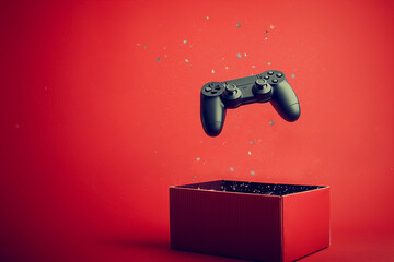 Black gaming joystick controller gamepad  and box with glitter on red background, gift for gamer	