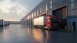© KYR - A semi-trailer truck parked at a warehouse ramp, ready for loading or unloading goods in a modern logistics park.