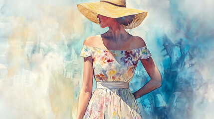 Watercolor painting of a woman in a summer dress and a straw hat.