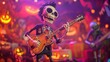 © 69 - A bone-guitar-strumming zombie band performs at a Halloween concert, with dancing monsters under humorous, spooky decorations.