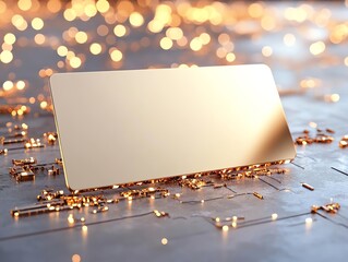 3D blank card with a reflective gold surface, glowing with dynamic light particles, representing innovation and growth.