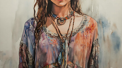 Watercolor painting of a woman wearing a colorful boho dress and necklaces.