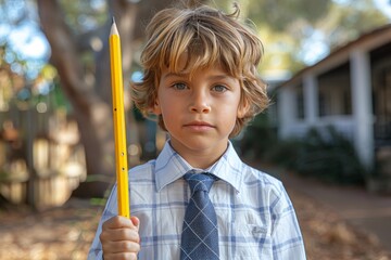 Playful young boy in white shirt and blue plaid tie holds large yellow pencil outdoors with joy