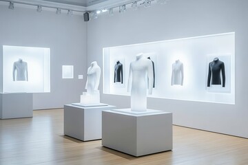 Modern art museum interior featuring minimalist clothing displays on white mannequins in a bright, clean, and minimalist space.