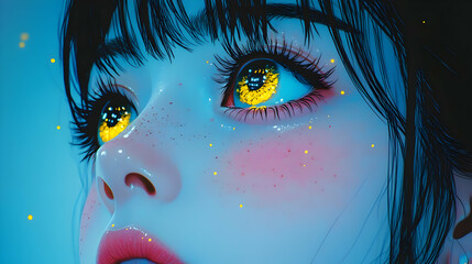 Poster - Golden Eyes Gaze Upward in a Dreamy Digital Art Illustration