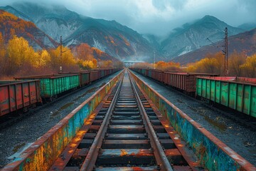 Freight train with weathered brown and green containers on parallel tracks in industrial setting