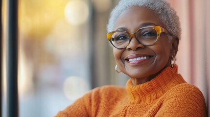 Wall Mural - A woman with glasses and a smile on her face