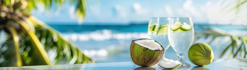 Wall Mural - Close-up of coconut water in a glass with tropical beach background, clear skies and soft waves, Coconut Water, Summer refreshment