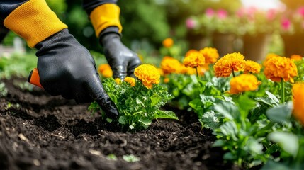 Close-up of hands planting marigold flowers in rich soil.