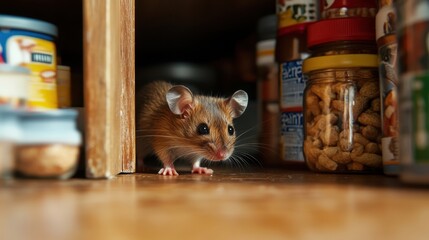 A curious brown mouse peeks out from a tiny hole near pantry shelves filled with food items, sniffing the air.