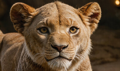 Wall Mural - a young lioness looks intently at the camera in this close-up portrait taken during the golden hour