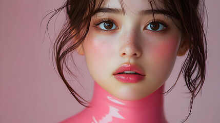 Canvas Print - Close-up Portrait of a Woman with Pink Makeup