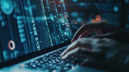 Cyber Security  - Hands Typing on Laptop with Blue Hues and Digital Data