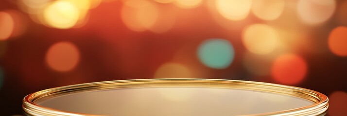 A minimal design of a golden oval frame with a transparent center, set against a blurred colorful background, perfect for showcasing luxury products