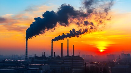 Smoking Industrial Chimneys Against Dramatic Sunset Sky in Urban Cityscape