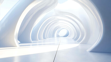 White futuristic architecture corridor with light at the end.