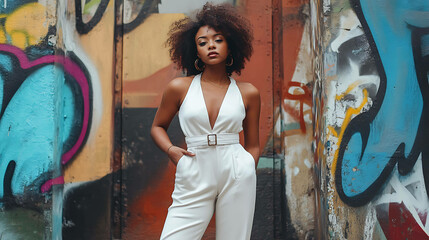 A stylish woman in a white jumpsuit stands against a graffiti wall.