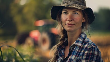 Wall Mural - A woman wearing a plaid shirt and a hat is standing in a field