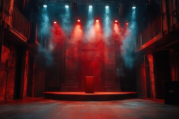 the empty theater stage is aglow with spotlights featuring a red podium at its center evoking antici