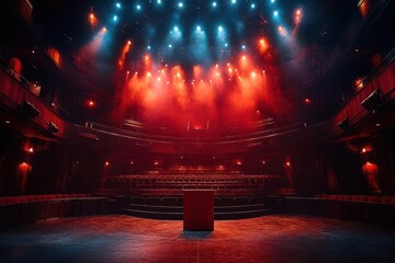 the empty theater stage is aglow with spotlights featuring a red podium at its center evoking antici