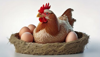 The chicken is sitting on the egg in paper egg-net on a white background