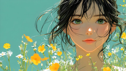 Wall Mural - Girl with Green Eyes in a Field of Yellow Flowers