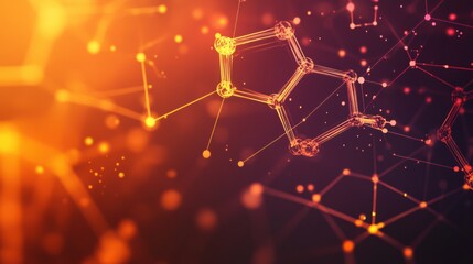 Leinwandbilder - Abstract representation of molecules and chemical structures in vibrant orange and purple hues against a dark background. Generative AI