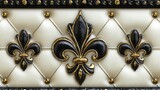 A black and gold fleur de lis adorns soft white leather, blending regal symbols with rich textures.