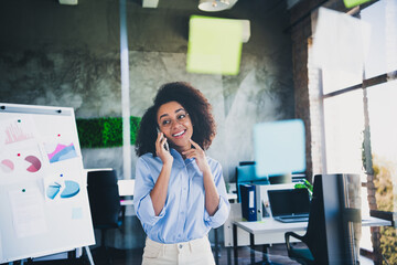 Canvas Print - Photo of sweet charming lady assistant wear shirt listening modern gadget indoors workplace workstation