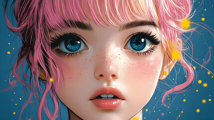 Poster - Pink Hair and Blue Eyes, A Stunning Digital Art Creation