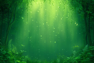 Lush green forest with sun rays filtering through foliage creating a mystical atmosphere