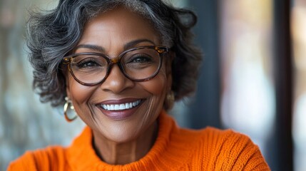 Wall Mural - A woman with glasses is smiling and wearing an orange sweater