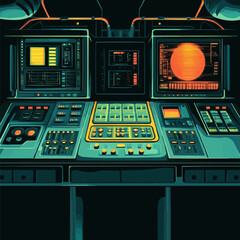 Vector illustration of a retro-futuristic control room with dials, switches, and glowing monitors.
