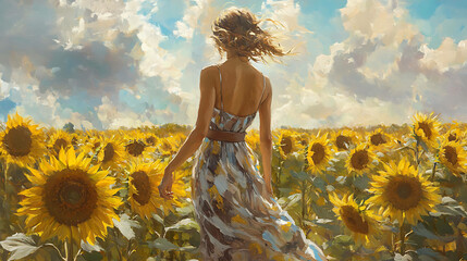 Wall Mural - A woman in a flowy dress walks through a field of sunflowers.