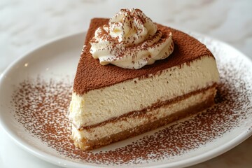 Wall Mural - a delicious tiramisu dessert topped with whip cream displayed on a white plate