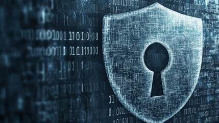 A metallic shield with a keyhole in front of a digital background of binary code.
