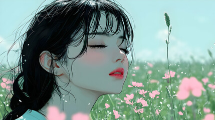 Sticker - Anime Girl with Pink Flowers in a Green Field - Serenity and Beauty