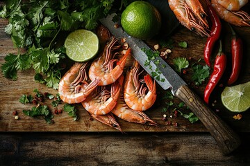 commercial photography, a spread of fresh shrimp with lime