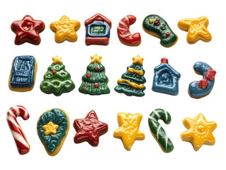 Wall Mural - Assortment of Christmas-themed cookies with icing decorations, on a white background. PNG transparent.