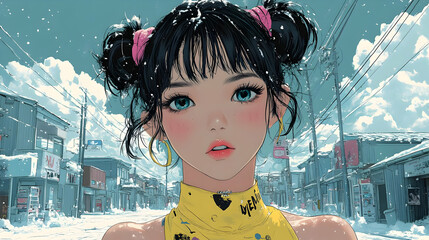 Canvas Print - Anime Girl in Snowy Street with Blue Eyes and Yellow Clothing