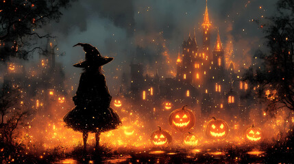 Wall Mural - Witch Standing Before a Haunted Castle with Jack-O-Lanterns