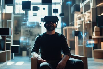 Poster - A virtual reality designer engages with floating 3D objects in a modern studio during a creative design session. Generative AI