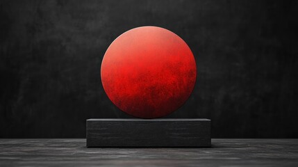 Poster - A red spherical object on a black pedestal against a dark background.