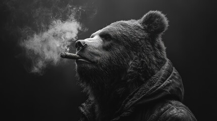a bear wearing a hoodie smokes a cigar in a dramatic portrait.