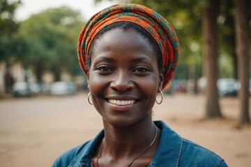 Wall Mural - Close portrait of a smiling 40s Senegalese woman looking at the camera, Senegalese outdoors blurred background