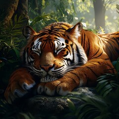 Wall Mural - Tranquil tiger resting in the heart of a jungle wilderness picture