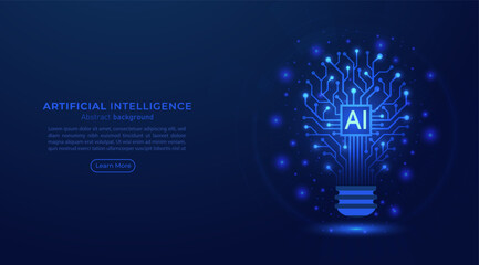 Fototapete - Circuit board light bulb with AI chip on blue background. Idea and innovation by AI. Artificial intelligence and Machine learning technology concept. Vector Illustration.