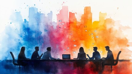 Wall Mural - A vibrant watercolor painting depicting a diverse group in a meeting, silhouettes against a colorful city skyline backdrop.